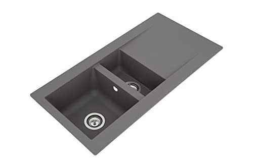 Respekta Denver Fregadero Mineralite de material compuesto en gris hormigón/Fregadero empotrado de 1,5 cubetas de 100 x 50 cm/Apto para bases a partir de 60 cm de ancho