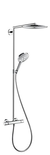 hansgrohe Raindance S - sistema de ducha con termostato, ducha lluvia (⌀ 300 mm) con grifo, ducha de mano (2 tipos de chorro), flexo, barra, ducha fija redondo (1 tipo de chorro), cromo, 27114000