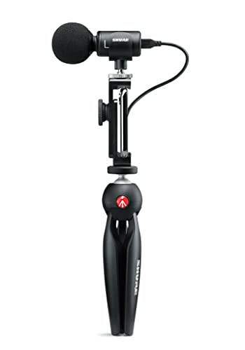 Shure MV88+ Micrófono de Condensador Kit de vídeo estéreo Digital para Apple y Android, con Cable, con trípode Manfrotto PIXI, Abrazadera para teléfono, Soporte y Cables iOS y USB-C