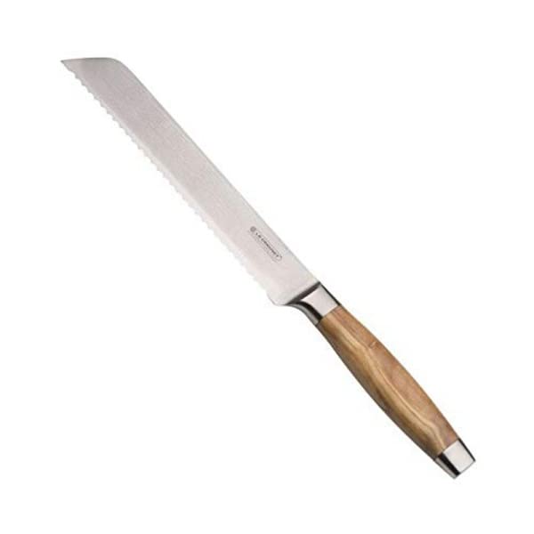 Le Creuset Cuchillo para pan, 20 cm, Hoja de acero damasco 18 y 8 borde dentado, Mango de madera de olivo, Madera y Inox, 98000520000200