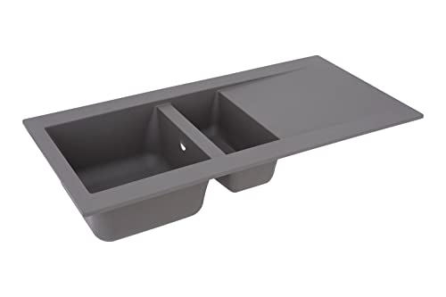 Respekta Denver Fregadero Mineralite de material compuesto en gris hormigón/Fregadero empotrado de 1,5 cubetas de 100 x 50 cm/Apto para bases a partir de 60 cm de ancho