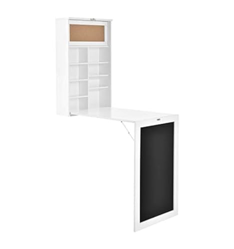 InnovaGoods® Mesa plegable de pared Woldy, mesa con pizarra y estantería, mesa plegable multifunción para trabajar y ahorrar espacio, Medidas 80x50x18 cm, Color Blanco