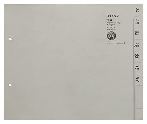 Leitz Índices A-Z para Archivadores de 150 Hojas, Media Altura, Extra Ancho, 100 % Papel Reciclado, Etiqueta Ángel Azul, Gris, 13530085