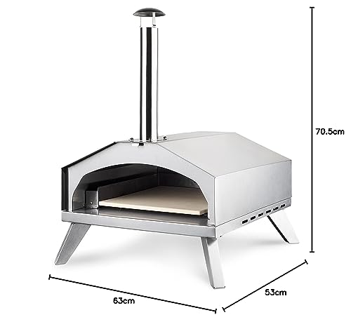 Horno de pizza a gas H.Koenig GINO440, Acero inox, Superficie 30.5x30.5 cm, Piedra de pizza Cordierite, hasta 450°C, Puerta y chimenea desmontables, Termómetro incorporado, Pizza peel incorporada