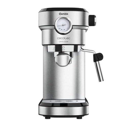 Cecotec Cafetera para Espressos y Cappuccino Cafelizzia 790 Steel Pro. 1350W, Manometro, Sistema Thermoblock, 20 Bares, Modo Auto para 1-2 Cafés, Vaporizador Orientable, 1.1L, Color Acero