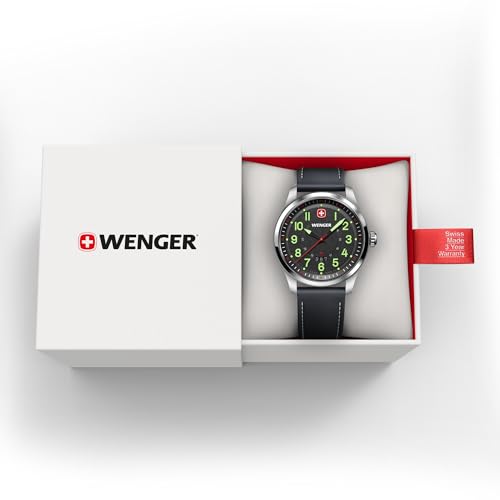 Wenger Reloj de Hombre Terragraph Analógico Quarz, Ø 43 mm, Swiss Made, Resistente al Agua hasta 100 m, Negro/Plata, Correa de Cuero, 01.0541.121