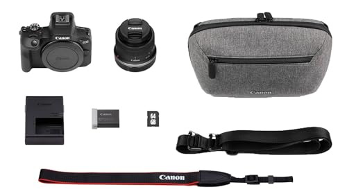 CANON EOS R100 Cámara Mirrorless + Objetivo RF-S 18-45 mm F4.5-6.3 IS STM + Bolsa para Cámara + Tarjeta SD de 64GB | Cámara Evil APS-C (24,1 MP) -4 EV | Vídeo 4K 25 fps | Dual Pixel CMOS AF | Negro