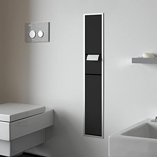 Emco Asis 150 - Armario Empotrado para baño de Invitados, Soporte para Papel higiénico, Cubo de Basura y escobilla de baño, Armario Alto con función Push to Open, Color Negro