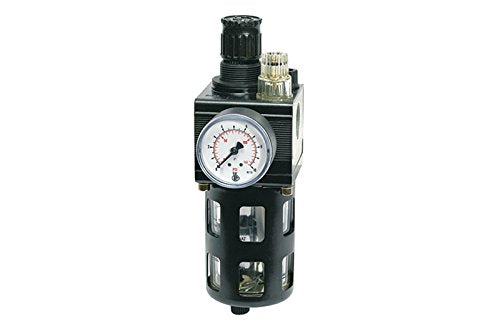 Unidad de mantenimiento combinada con recipiente para PC, cesta de protección y válvula de drenaje de mano, BG 1, G 1/4, PE máx. 16 bares, rango de regulación 0,5 – 10 bar.