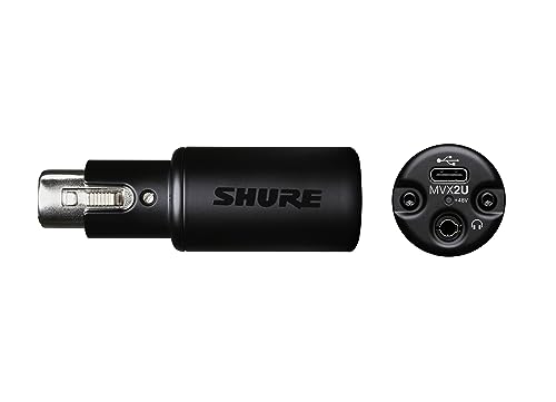 Interfaz digital Shure MVX2U XLR a USB con conector para auriculares, preamplificador integrado con control de ganancia de 60dB, monitorización sin latencia, alimentación fantasma de 48V