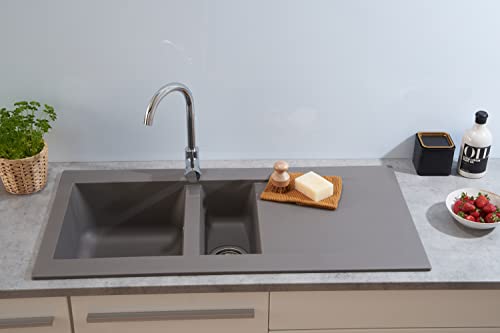Respekta Denver Fregadero Mineralite de material compuesto en gris hormigón/Fregadero empotrado de 1,5 cubetas de 100 x 50 cm/Apto para bases a partir de 60 cm de ancho