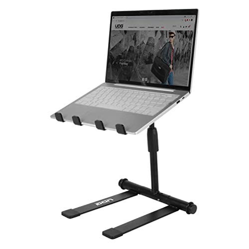 UDG Ultimate-DJ-Gear.COM Soporte para portátil Ajustable en Altura Color Negro - Estante telescópico Ajustable en Altura para portátil Que Gira 360°, Adecuado para DJs móviles y músicos electrónicos