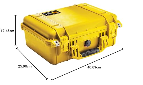 PELI 1450 Maleta de transporte resistente para componentes electrónicos, instrumentacion, herramientas, IP67 estanca, 15L de capacidad, fabricada en Alemania, con espuma personalizable, Color Amarillo
