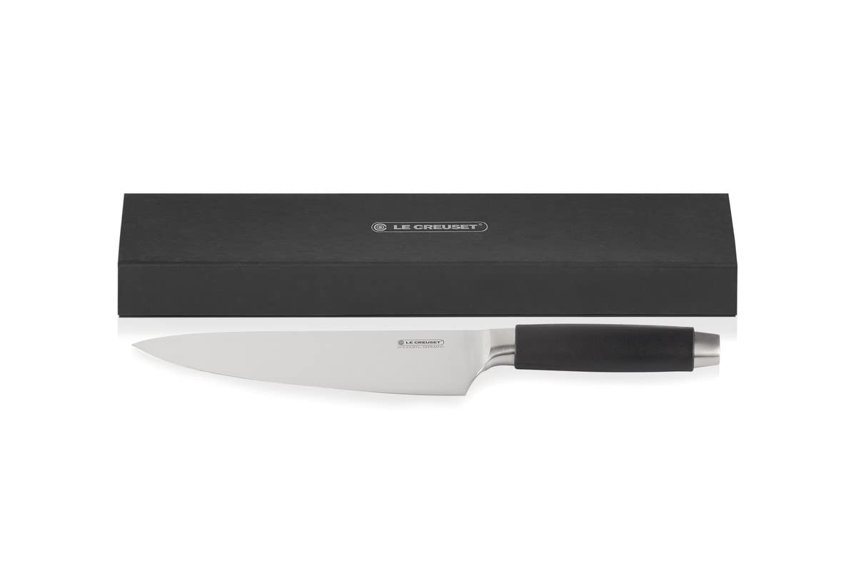 Le Creuset Cuchillo del chef, 20 cm, Hoja de acero 18 y 8 con borde recto, Mango de plástico, Acero inoxidable, Negro y Inox, 98000320000300