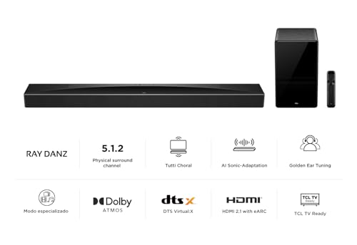 TCL Barra de Sonido Q75H con tecnología RayDanz de 5.1.2ch Dolby Atmos & DTS:X con subwoofer inalámbrico Compatible con HDMI 2.1 y BT 5.3