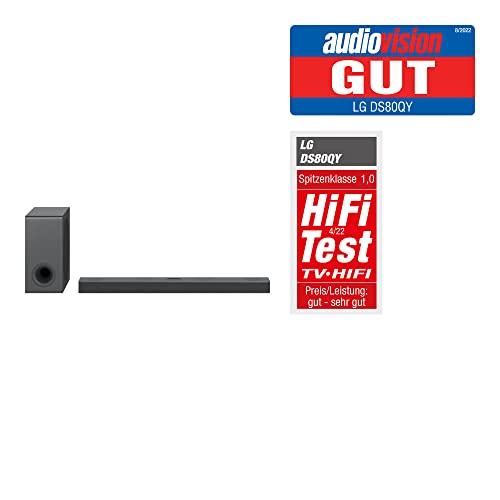 LG DS80QY - Barra de Sonido 3.1.3 (480 W) con subwoofer inalámbrico y tecnología Meridian (Dolby Atmos, HDMI, Bluetooth), Color Plateado Oscuro