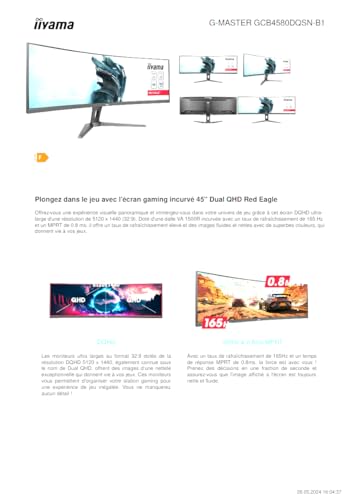iiyama GCB4580DQSN-B1 44,5" DQHD Panel VA, Curvo Gaming 1500R, G-Master Red Eagle, 5120x1440, 165Hz, 450cd/m², 0,8ms MPRT, Altavoces, USB-C Dock (LAN, 90W PD), DisplayPort, 2X HDMI 2.1, KVM, USB3.2x3