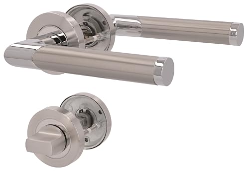 Juego de 6 herrajes para puerta de acero inoxidable cromado satinado, para 5 puertas de habitaciones con perforación de barba y 1 puerta de baño de inodoro, roseta de 52 mm de diámetro, manija de
