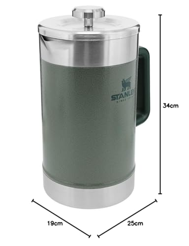 Stanley Classic Stay Hot French Press 1.4L / 48OZ Hammertone Green - Se mantiene caliente 4 horas - Filtro de malla - Sedimento mínimo - Prensa de café de acero integrada - Sin BPA
