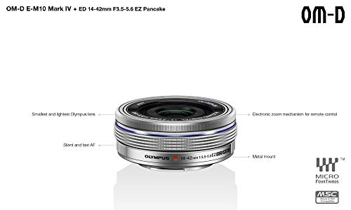 Kit de cámara del Sistema Micro Four Thirds Olympus OM-D E-M10 Mark IV, Sensor de 20 Mpx, Visor electrónico, vídeo 4K, Wi-Fi, Plata, Incluye el M.Zuiko Digital ED 14-42mm F3.5-5.6 EZ Pancake Plata