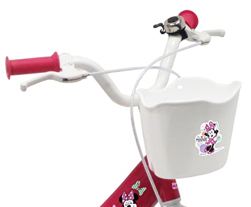 Bicicleta Infantil de 14 Pulgadas, niña Minnie/Disney Equipada con 2 Frenos, Soporte Trasero para muñecas, Cesta Delantera y Casco incluidos