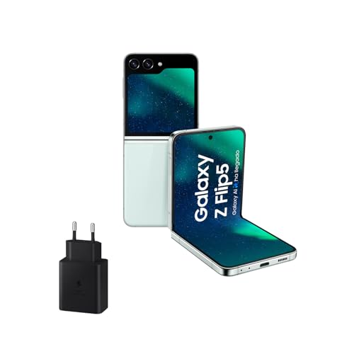 Samsung Galaxy Z Flip5, 256 GB + Cargador 45W - Teléfono Móvil Plegable con IA, Smartphone Android Libre, 8GB de RAM, Diseño Plegable, Verde claro (Versión Española)