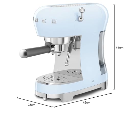 Smeg, ECF02PBEU - Máquina espresso con función de vapor capuchino, bloque térmico, caja grande de taza y doble función café, depósito de agua de 1 l, sistema de fácil uso, 1350 W, azul
