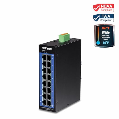 TRENDnet Interruptor de riel DIN gestionado Gigabit L2 Industrial de 16 Puertos, 16 Puertos Gigabit, Interruptor de Capa de Temperatura Ancha 2, Capacidad de conmutación de 32 Gbps, Negro, TI-G160i-M