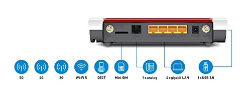 AVM FRITZ!Box 6850 5G International - Modem Router LTE, Ranura SIM, Wi-Fi AC hasta 1.300 Mbps (866 Mbps en 5 GHz y 400 Mbps en 2,4 GHz), 4 x Gigabit LAN, DECT, USB 3.0, Interfaz en Español