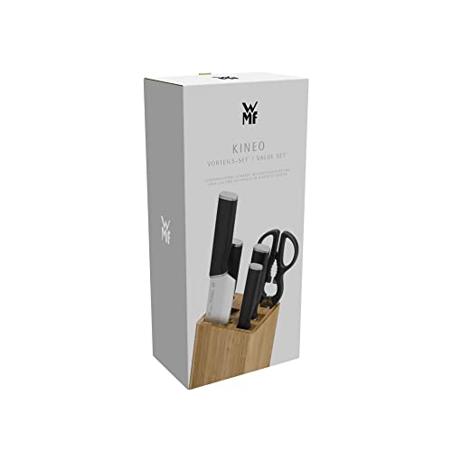 WMF Kineo - Juego 6 Piezas, 4 Cuchillos con Hoja de Acero Templado Especial y Tijeras Multiusos con Soporte FlexTec de Bambú