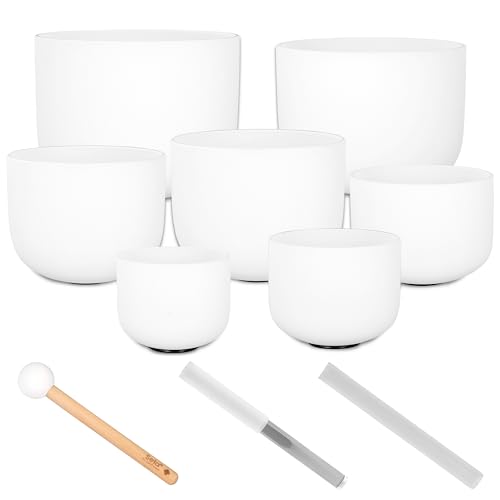 Crystal Singing Bowl Set Frosted 440Hz (7 Crystal Singing Bowls, 8-14") incl. 3 Mallets (Wood, Crystal Half, Crystal Full)