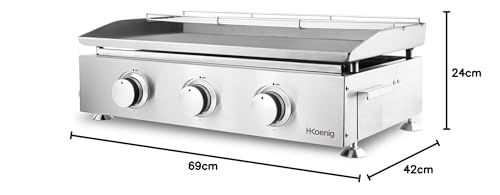 H.Koenig Plancha de asar a gas PLX930 3 quemadores U Acero inoxidable, Alimentación de gas propano o butano, Distribución uniforme del calor, Temperatura regulable hasta 350°C, Pies antideslizantes