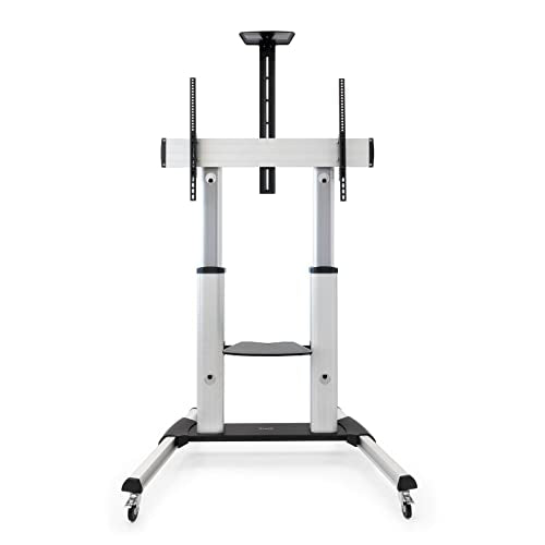 Soporte de suelo para ruedas fabricado en aluminio, modelo "Partenón", compatible con pantallas de 60 a 100 pulgadas. Diseño robusto para garantizar estabilidad y movilidad.