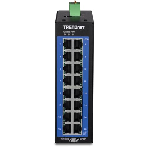 TRENDnet Interruptor de riel DIN gestionado Gigabit L2 Industrial de 16 Puertos, 16 Puertos Gigabit, Interruptor de Capa de Temperatura Ancha 2, Capacidad de conmutación de 32 Gbps, Negro, TI-G160i-M