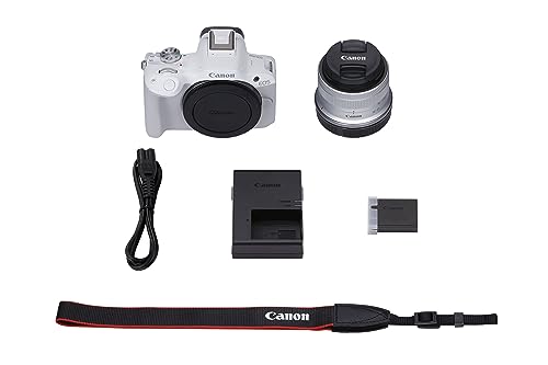 Canon EOS R50 Cámara Mirrorless + Objetivo RF-S 18-45 mm F4.5-6.3 IS STM, Cámara Evil APS-C (24,2 MP) -4 EV, Vídeo 4K 30 fps, Dual Pixel CMOS AF II, Pantalla Táctil de Ángulo Variable, Blanco