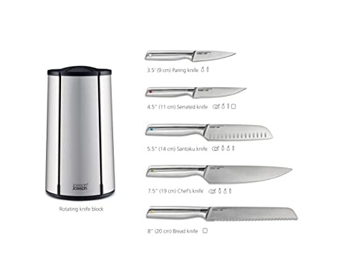 Joseph Joseph Elevate, Set de cuchillos con taco en acero inoxidable, Juego de 5 piezas con bloque giratorio, cuchillos en acero inoxidable japones, antihuellas y base antideslizante