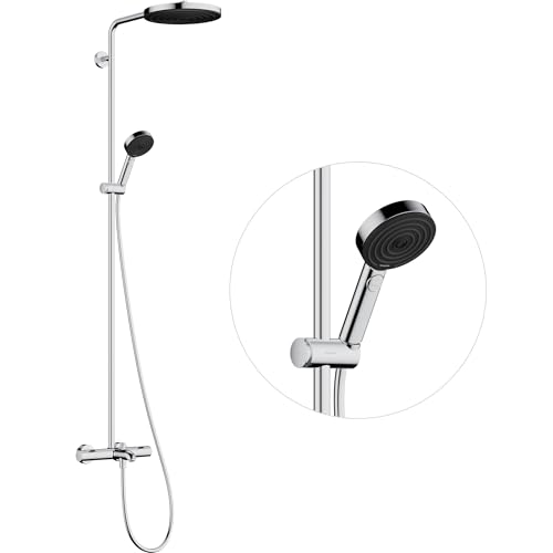 hansgrohe Pulsify S Puro - sistema de ducha ahorro de agua (EcoSmart) con termostato bañera, ducha lluvia (260 mm) con grifo bañera, ducha de mano, flexo, barra, ducha fija redonda, cromo, 24232000