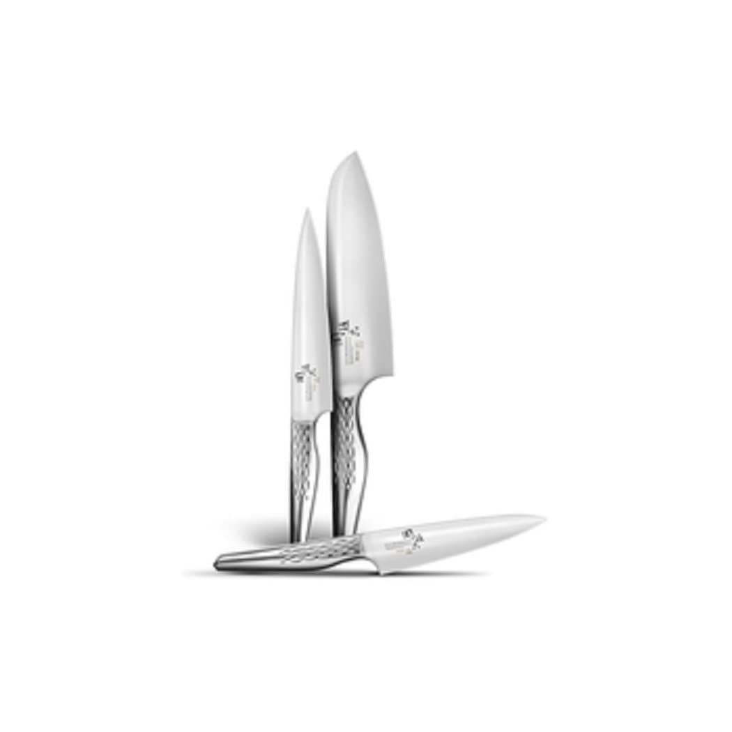 KAI Seki Magoroku Shoso Juego de cuchillos 3 piezas - Cuchillo multiusos de 12 cm, Cuchillo multiusos de 15 cm, Cuchillo de chef de 18 cm - Acero 5CR15MoV 56 (±1) HRC - Mango de acero inoxidable 18-8