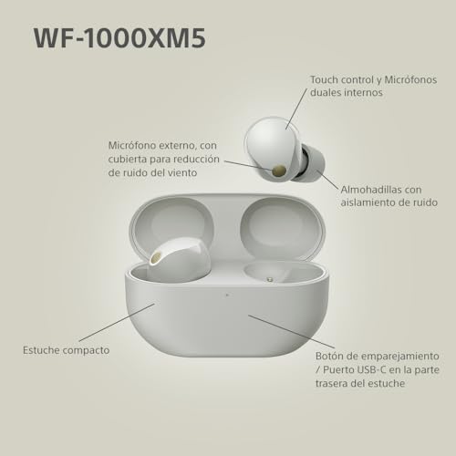 Sony Auriculares inalámbricos con Noise Cancelling WF-1000XM5, Bluetooth, Auriculares in-Ear, micrófono, hasta 24 Horas de batería, Carga rápida, IPX4, Alexa y Google Assitant, iOS y Android - Plata