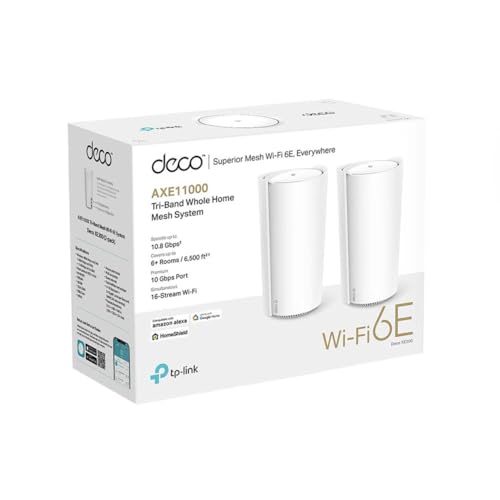 TP-Link Deco XE200(2-Pack) - Sistema WiFi 6E Mesh AI AXE11000, Tri-Banda, 2.4Ghz/5GHz/6GHz, óptimo Casas hasta 6 Dormitorios, Modo Ap, 1x Puerto 10Gbps/2x Puerto Gigabit, WPA3, Fácil Configuración