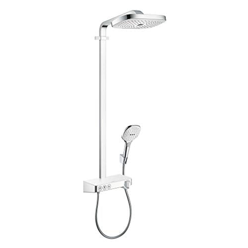 hansgrohe Raindance Select E - sistema de ducha con termostato, ducha lluvia (300 x 190mm) con grifo, ducha de mano (3 tipos de chorro), flexo, barra, ducha fija rectangular, cromo, 27127400