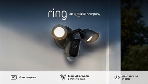 Ring cámara Plus con focos cableada (Floodlight Cam Wired Plus) | Cámara de vigilancia exterior wifi con vídeo HD, comunicación bidireccional, focos LED, sirena integrada | 30 días gratis de Ring Home