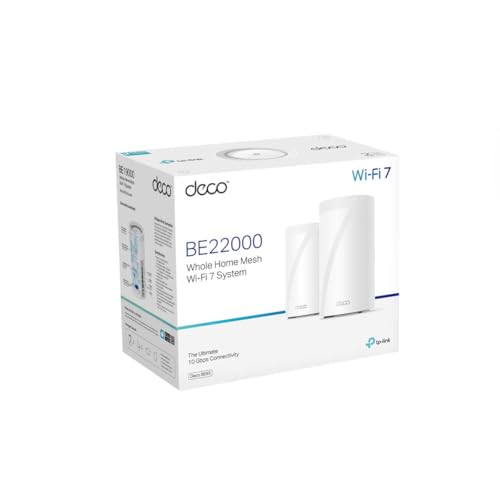 TP-Link Deco BE85(2-Pack) BE19000 Tri-Band Whole Home Mesh WiFi 7 System - 12-Stream 22 Gbps - 2× 10G + 2× 2 Puertos 2.5G Backhaul, 8 Antenas de Alta Ganancia - VPN, AI-Roaming, 4×4 MU-MI, HomeShield