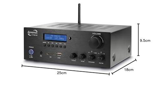 Dynavox VT-80 MK Amplificador estéreo Compacto, 4 terminales de Altavoz atornillables, Control Remoto para entradas Digitales (USB, Tarjeta SD), Antena BT integrada y Radio FM, Negro