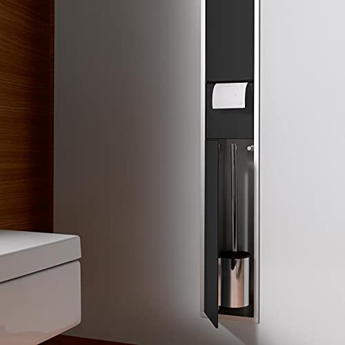 Emco Asis 150 - Armario Empotrado para baño de Invitados, Soporte para Papel higiénico, Cubo de Basura y escobilla de baño, Armario Alto con función Push to Open, Color Negro
