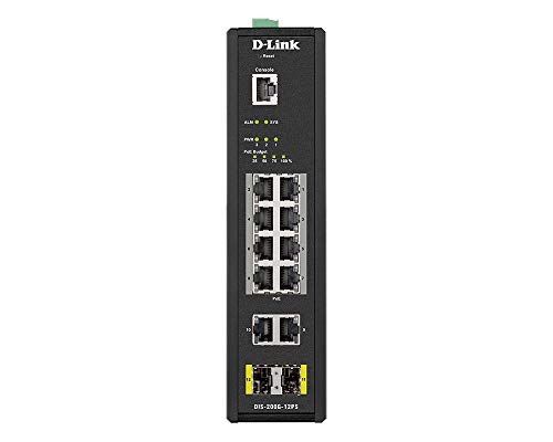 D-Link DIS-200G-12PS - Switch Industrial de 12 Puertos (10 Gigabit, 8 de Ellos PoE 240W, y 2 SFP, Apto para Condiciones extremas -40°C a 65°C, ERPS, VLAN, QoS, IGMP, agregación de Enlaces) Negro