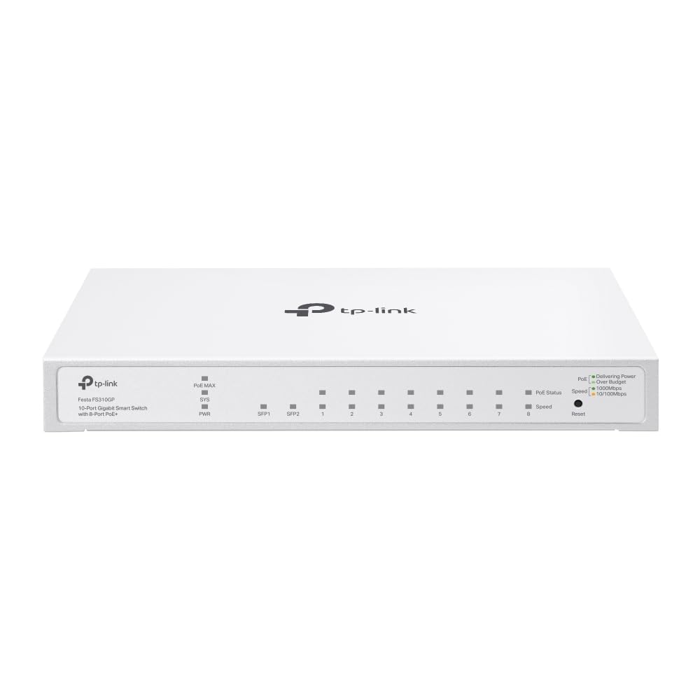 TP-Link Festa FS310GP, 10 Puertos con 8 Puertos PoE+, gestión Gratuita en la Nube, enrutamiento estático, VLAN, ACL e IGMP Snooping, Total 61 W PoE, Salida PoE de 30 W por Puerto, Interruptor PoE