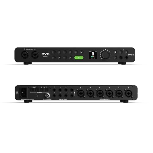 Audient EVO16 Interfaz de audio, tecnología de conversión de última generación (24 entradas/salidas, Smartgain multicanal, loopback de audio, 8 amplificadores de micrófono, conexión USB-C), Negro
