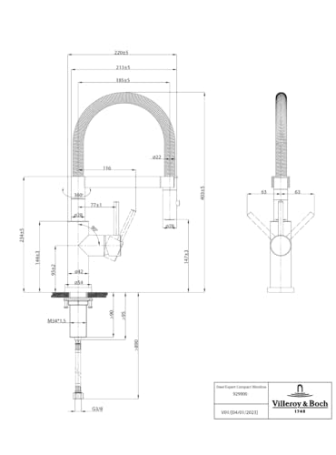 Villeroy & Boch Steel Expert Compact Window - Grifo de cocina (alta presión, montaje en ventana, ahorro de agua, altura de caño 147 mm), color negro mate