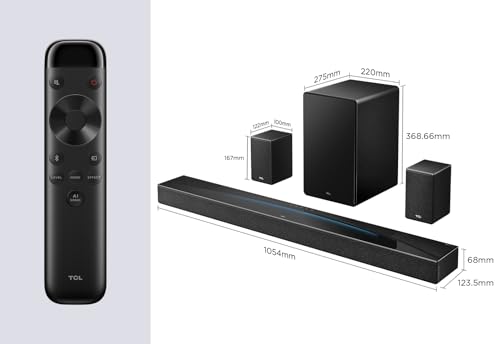 TCL Barra de Sonido Q85H 7.1.4ch tecnología RayDanz Dolby Atmos & DTS:X con subwoofer inalámbrico y Altavoces Traseros compatibles con HDMI 2.1 y BT 5.3